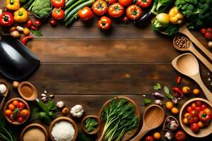 divers des légumes et des fruits sont arrangé dans une cercle. généré par ai photo