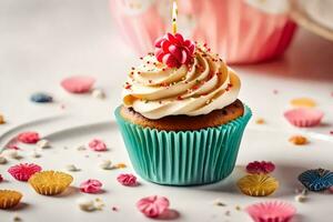 une petit gâteau avec une bougie sur Haut. généré par ai photo