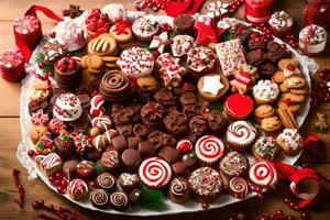 une plat de Noël biscuits et des sucreries sur une en bois tableau. généré par ai photo