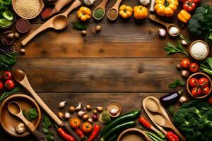 divers des légumes et épices arrangé dans une cercle sur une en bois tableau. généré par ai photo