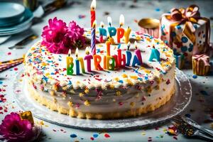 une anniversaire gâteau avec bougies et confettis. généré par ai photo