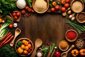 une variété de des légumes et épices sont arrangé dans une cercle. généré par ai photo