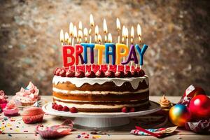 anniversaire gâteau avec bougies sur une en bois Contexte. généré par ai photo