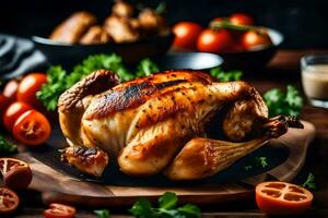 une rôti poulet sur une en bois Coupe planche avec tomates et persil. généré par ai photo