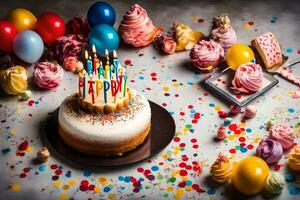 une anniversaire gâteau avec bougies et confettis. généré par ai photo