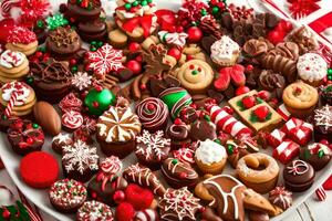 une plat de Noël biscuits et des sucreries. généré par ai photo