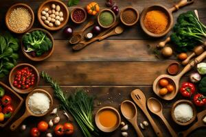 divers les types de épices et des légumes dans en bois boules. généré par ai photo