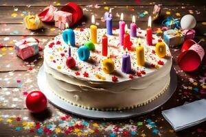 une anniversaire gâteau avec bougies et confettis. généré par ai photo