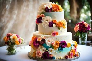 une mariage gâteau avec coloré fleurs sur Haut. généré par ai photo