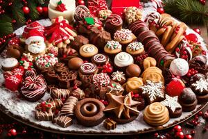 une plat de des chocolats et autre Noël traite. généré par ai photo