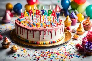 une anniversaire gâteau avec coloré bougies et confettis. généré par ai photo
