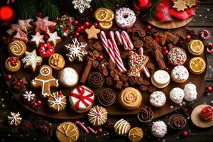 Noël biscuits et des sucreries sur une en bois tableau. généré par ai photo