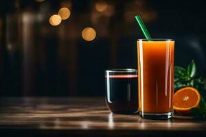 une verre de Orange jus et une verre de rouge du vin. généré par ai photo