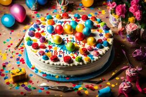 une anniversaire gâteau est décoré avec coloré confettis et des ballons. généré par ai photo