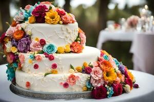 une Trois échelonné gâteau avec coloré fleurs sur Haut. généré par ai photo