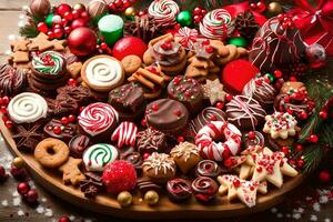 une plat de Noël biscuits et des sucreries. généré par ai photo