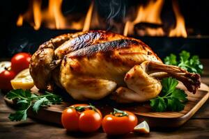 une rôti poulet sur une en bois Coupe planche avec des légumes et tomates. généré par ai photo