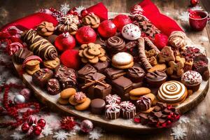 une plat de des chocolats et biscuits sur une en bois tableau. généré par ai photo