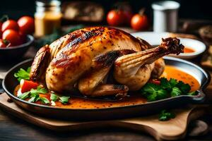 une rôti poulet sur une assiette avec des légumes et herbes. généré par ai photo