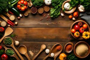 une en bois table avec divers des légumes et épices. généré par ai photo