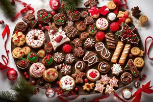 Noël biscuits sur une plat avec rouge et vert décorations. généré par ai photo