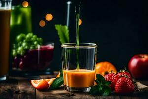 jus étant versé dans une verre de jus. généré par ai photo