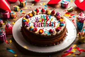une anniversaire gâteau avec le mot content anniversaire écrit sur il. généré par ai photo