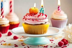 petits gâteaux avec bougies sur une gâteau rester. généré par ai photo