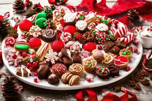 Noël bonbons plat avec bonbons cannes et autre décorations. généré par ai photo