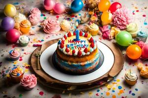 une anniversaire gâteau avec coloré glaçage et bougies. généré par ai photo