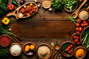 une en bois table avec beaucoup différent les types de des légumes et épices. généré par ai photo