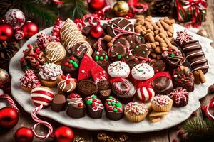 une plat de Noël des chocolats et des sucreries. généré par ai photo