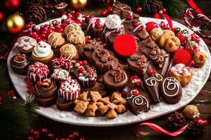 une plat de Noël des chocolats et biscuits. généré par ai photo