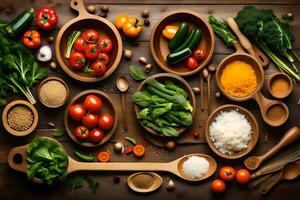 une variété de des légumes et épices dans en bois boules. généré par ai photo