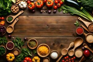 une en bois table avec beaucoup différent les types de des légumes et épices. généré par ai photo