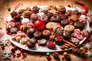 une plat de Noël des chocolats sur une en bois tableau. généré par ai photo