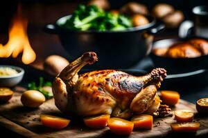 une rôti poulet sur une Coupe planche avec patates et des légumes. généré par ai photo