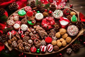 Noël biscuits et petits gâteaux sur une en bois plateau. généré par ai photo