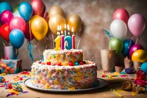 une anniversaire gâteau avec bougies et des ballons. généré par ai photo