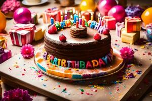 une anniversaire gâteau avec bougies et anniversaire bougies. généré par ai photo
