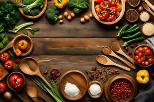 divers les types de des légumes et épices dans en bois boules. généré par ai photo