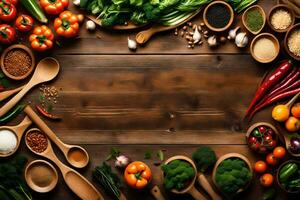 une en bois table avec beaucoup différent les types de des légumes. généré par ai photo