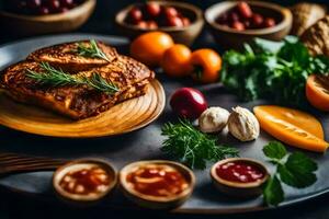 une assiette de nourriture avec divers Ingrédients sur il. généré par ai photo