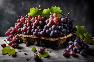 les raisins dans une panier sur une en bois tableau. généré par ai photo