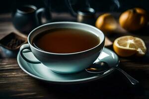 une tasse de thé sur une en bois tableau. généré par ai photo