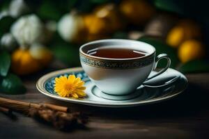 une tasse de thé avec une fleur sur une en bois tableau. généré par ai photo