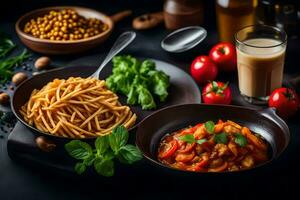 spaghetti avec tomate sauce, haricots, et des légumes sur une noir Contexte. généré par ai photo