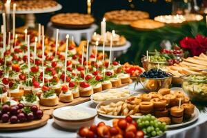 une buffet table avec divers les types de aliments. généré par ai photo