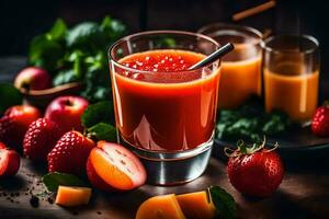 une verre de jus avec des fraises et des oranges. généré par ai photo