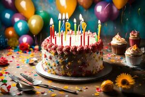 une anniversaire gâteau avec bougies et confettis. généré par ai photo